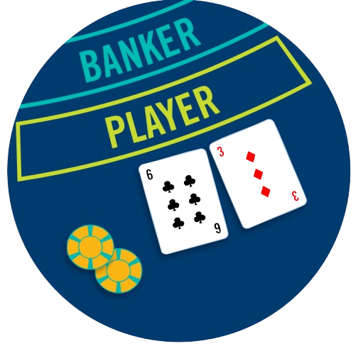 Two chips and two cards, a 6 of clubs and a 3 of diamonds, below the Banker and Player betting areas.