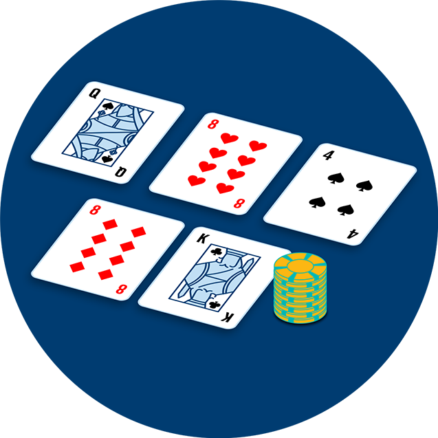 A Queen of spades, eight of hearts, four of spades on one side of a table and an eight of diamonds next to a King of spades and a stack of chips