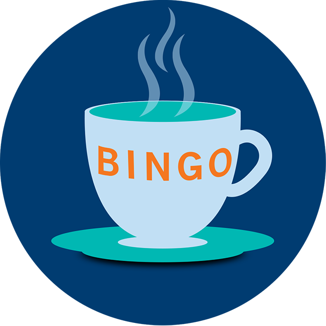 A cup sitting in a saucer, filled with a hot beverage and imprinted with the word Bingo.