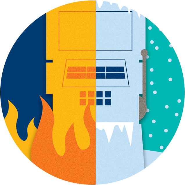 Slot machine split in two, showing a hot side and a cold side