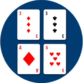 Four cards: A 3 of diamonds beside a 3 of spades above, and an Ace of diamonds beside a 5 of hearts below.