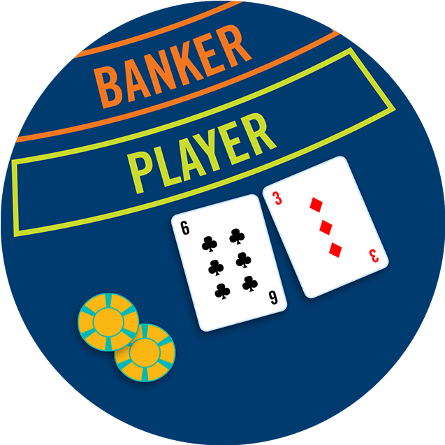 Two chips and two cards, a 6 of clubs and a 3 of diamonds, below the Banker and Player betting areas.