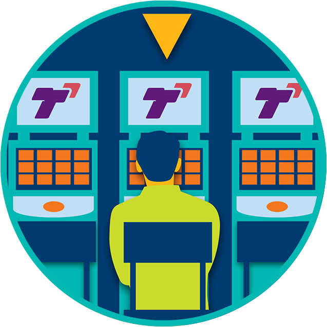 A yellow arrow points to the TapTix machine where a player sits in the middle of a row of three TapTix machines.