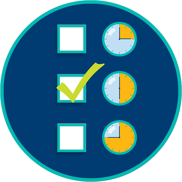 Three series of a check-mark box next to a clock, each set for a different time: 15 minutes, 30 minutes and 45 minutes. The box next to the clock set for 30 minutes is check marked.