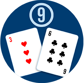 Two cards: A 3 of hearts and a 6 of clubs, with a circled number 9 above them.