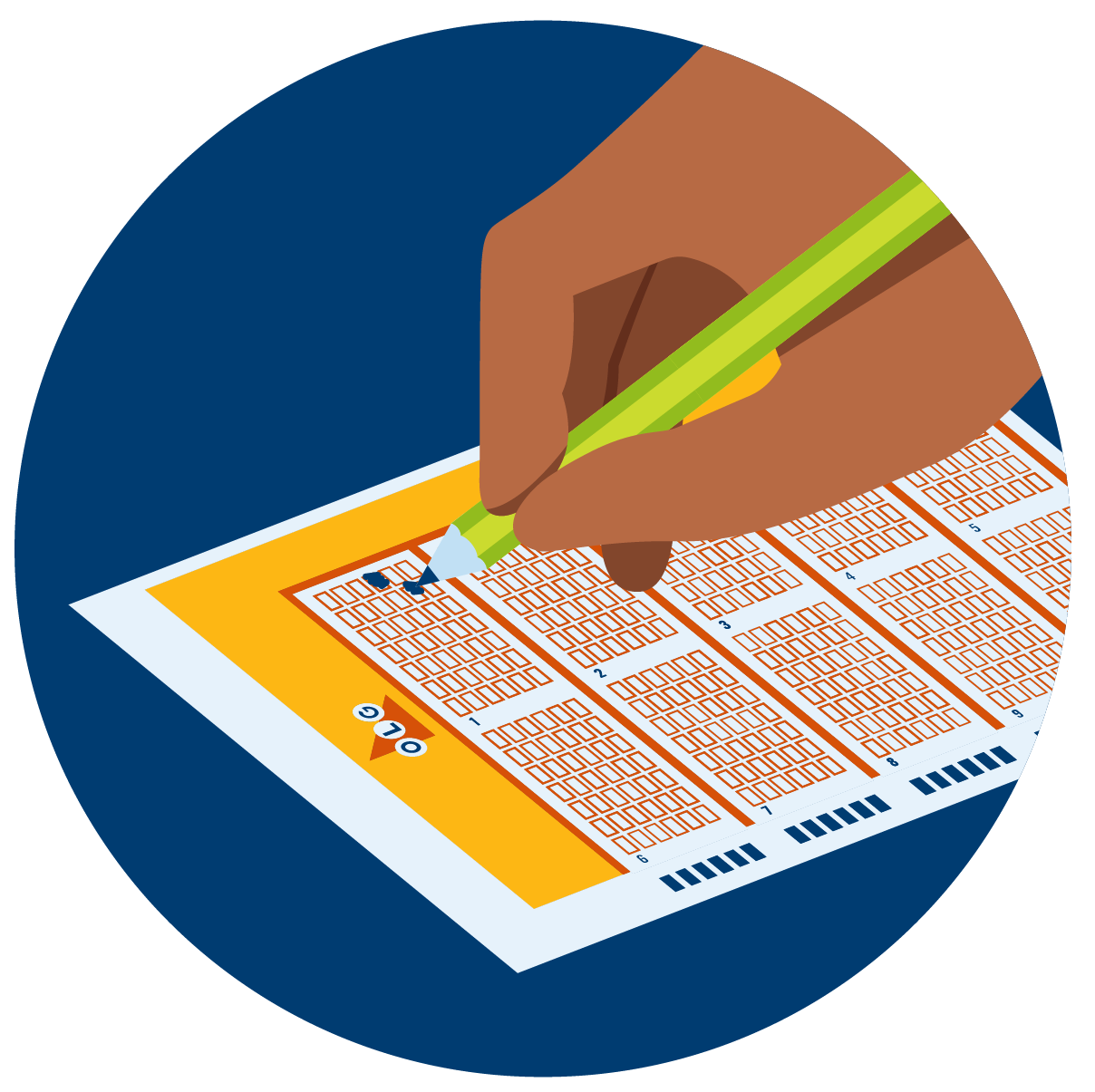 Using a pencil to select the type of lottery to play on a selection slip
