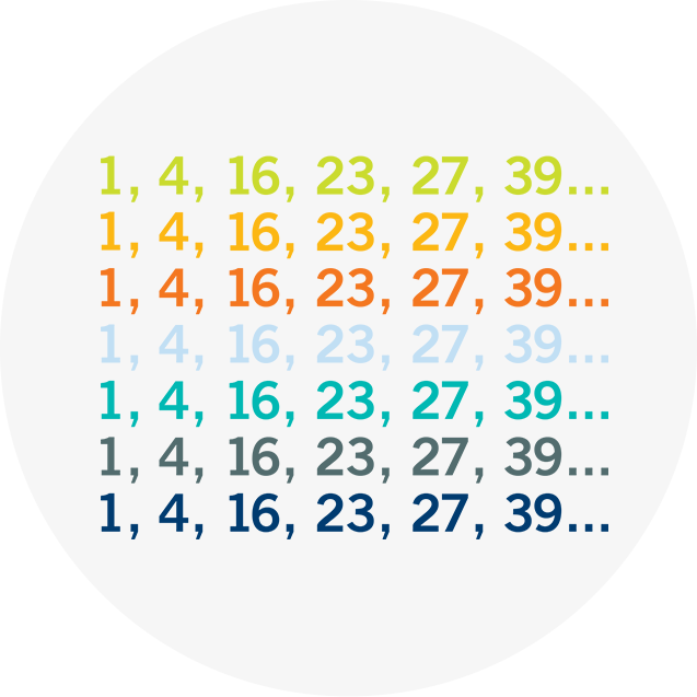 The same set of 6 numbers repeated 7 times but in different colours.