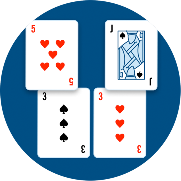 Two sets of cards: one with a 3 of spades and a 5 of hearts; the other with a 3 of hearts and a Jack of spades.