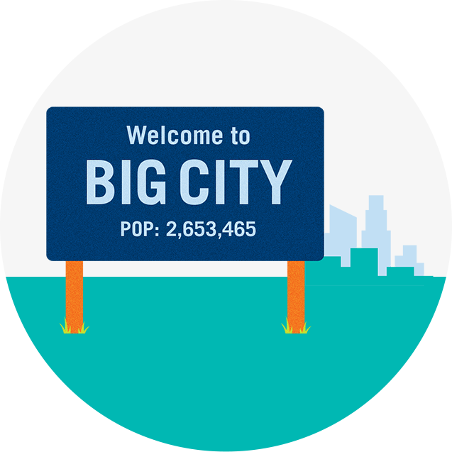 A road sign that reads, “Welcome to BIG CITY, population 2,653,456”.