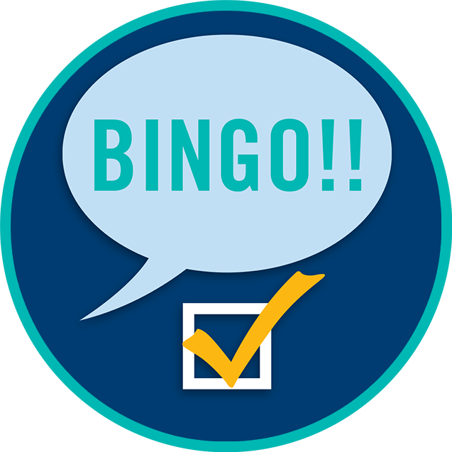 A speech bubble saying “BINGO!!” with a check mark below it.