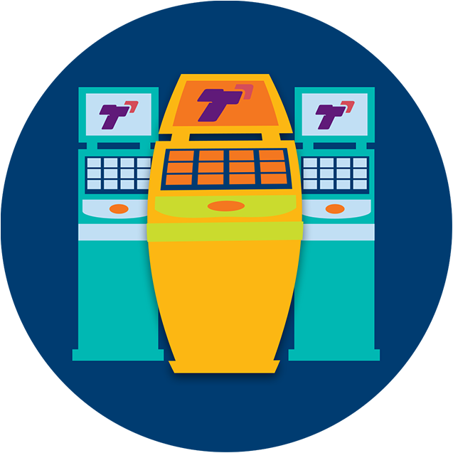 Deux machines TapTix de taille normale se trouvent de part et d’autre d’une machine TapTix dont le centre se gonfle.