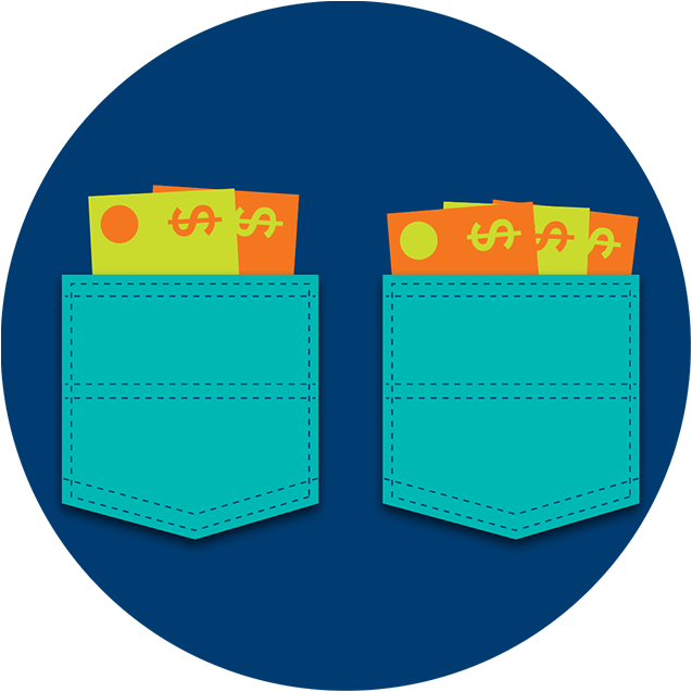 Two pockets holding cash - one containing slightly more money than the other.