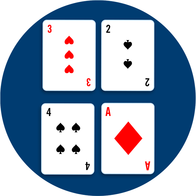 Four cards: A three of hearts beside a four of spades above, and a two of spades beside an five of hearts below.