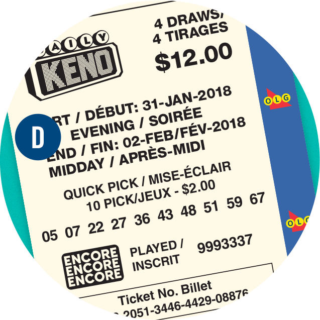 Un billet de DAILY KENO. Le D est sur les informations relatives aux tirages.