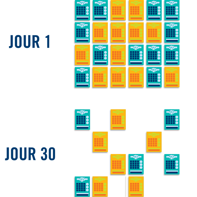 Au jour 1, il y a 24 billets dont 12 sont mis en évidence en jaune. Les autres sont bleus. Au jour 30, il y a onze billets dont six sont mis en évidence en jaune. Les autres sont bleus.