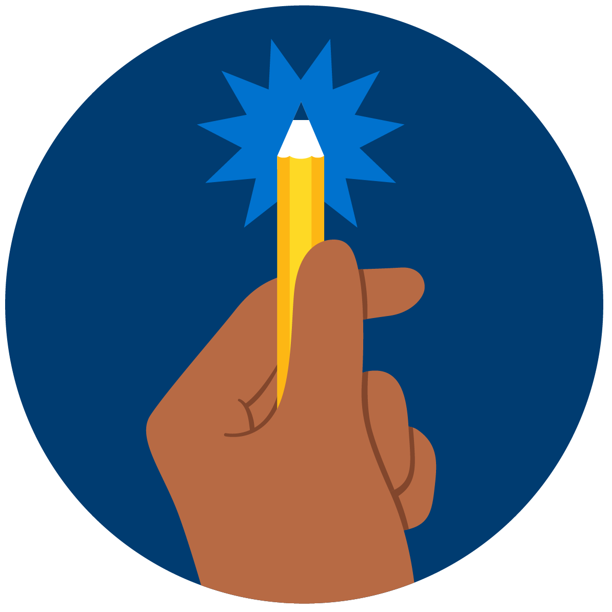 Holding up a pencil.