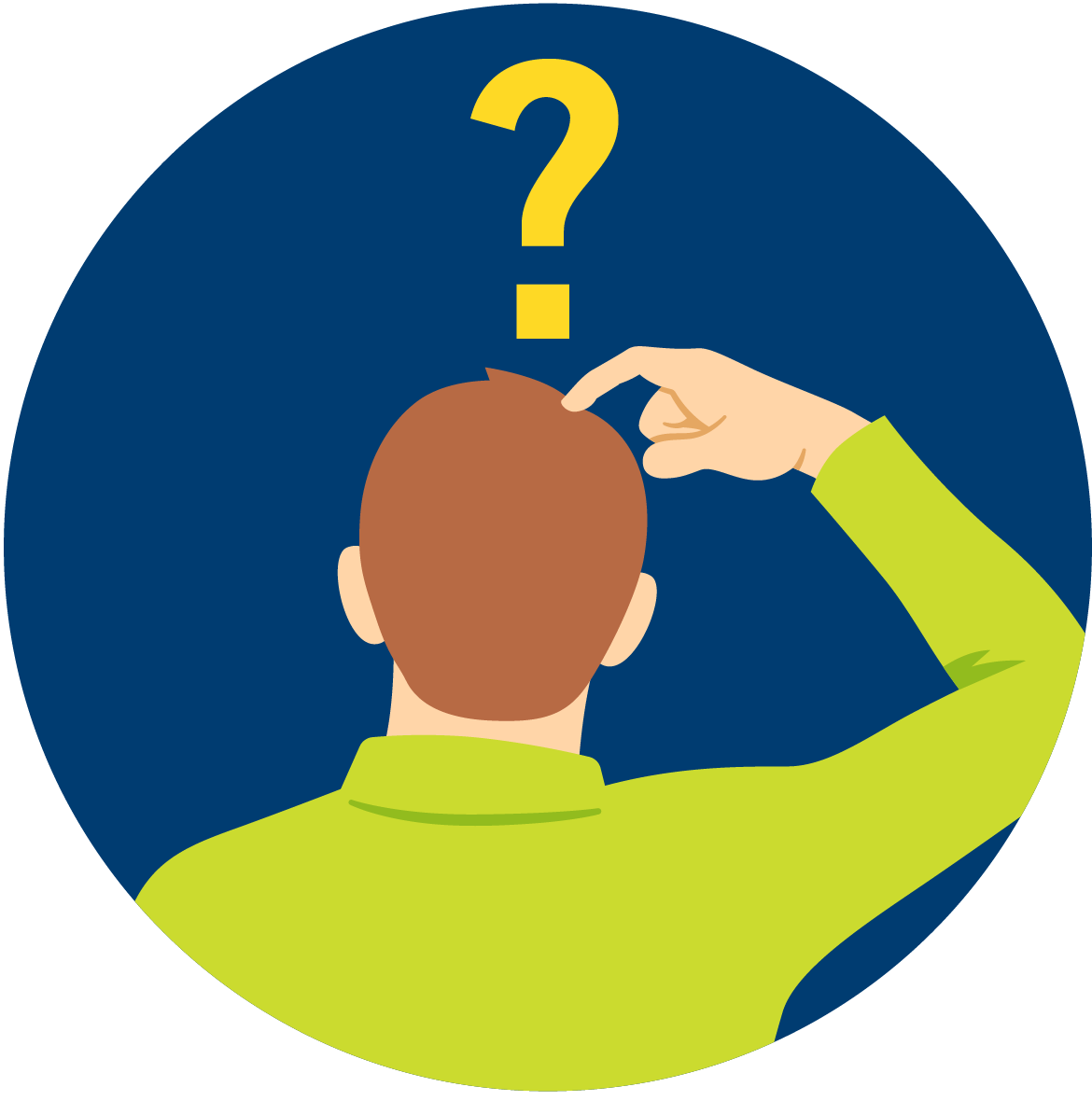 A man scratching his head. A question mark hangs over him.