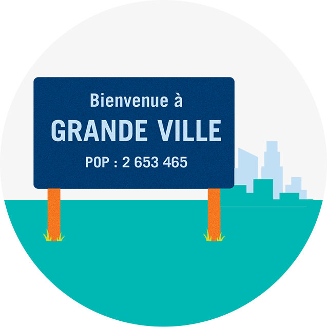 Une pancarte routière affichant « Bienvenue à GRANDE VILLE, population : 2 653 456 habitants ».