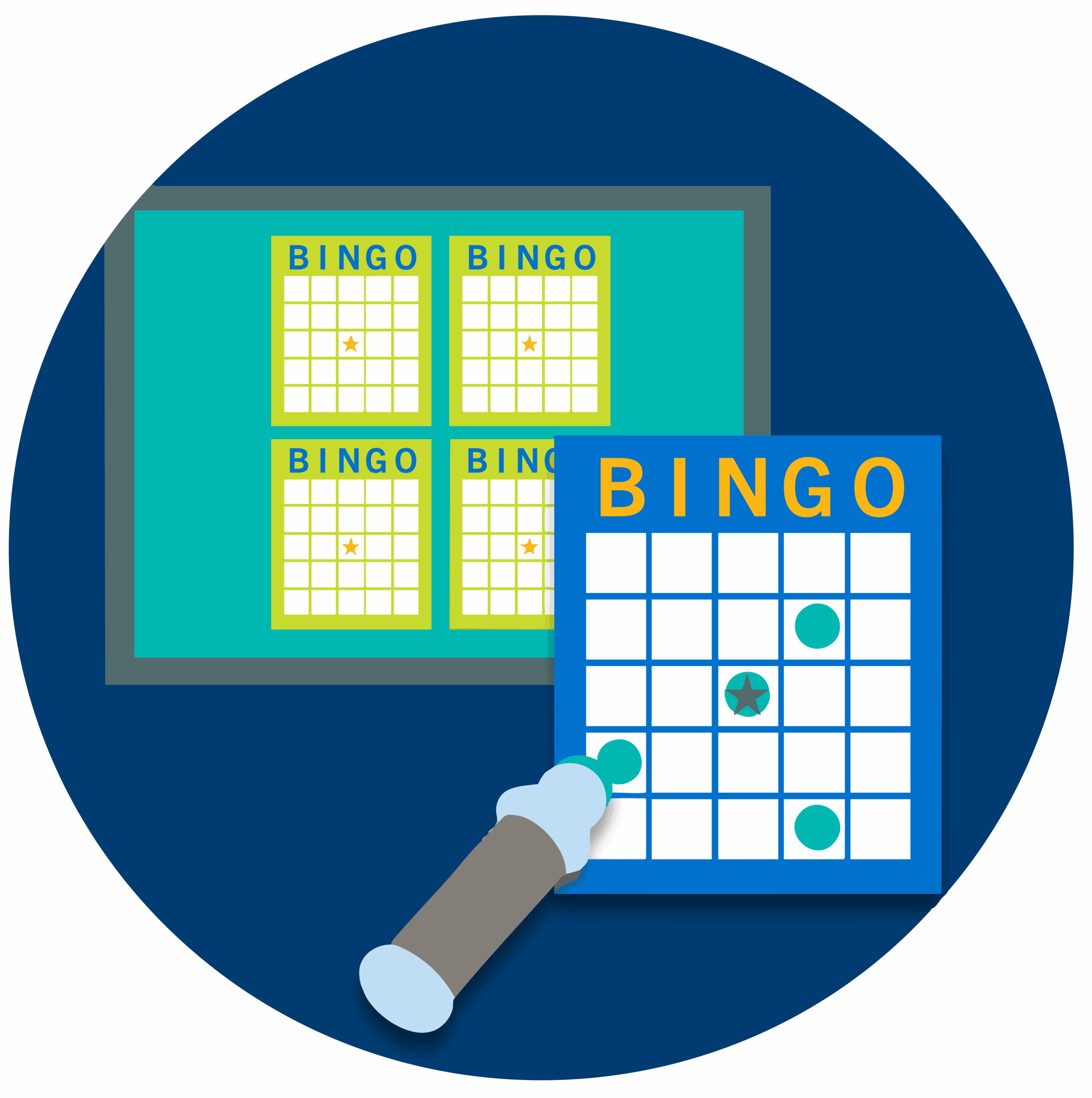 Un tampon marque des numéros de bingo sur une carte en papier et quatre cartes de bingo électronique sont affichées en arrière-plan sur l’écran d’un terminal.