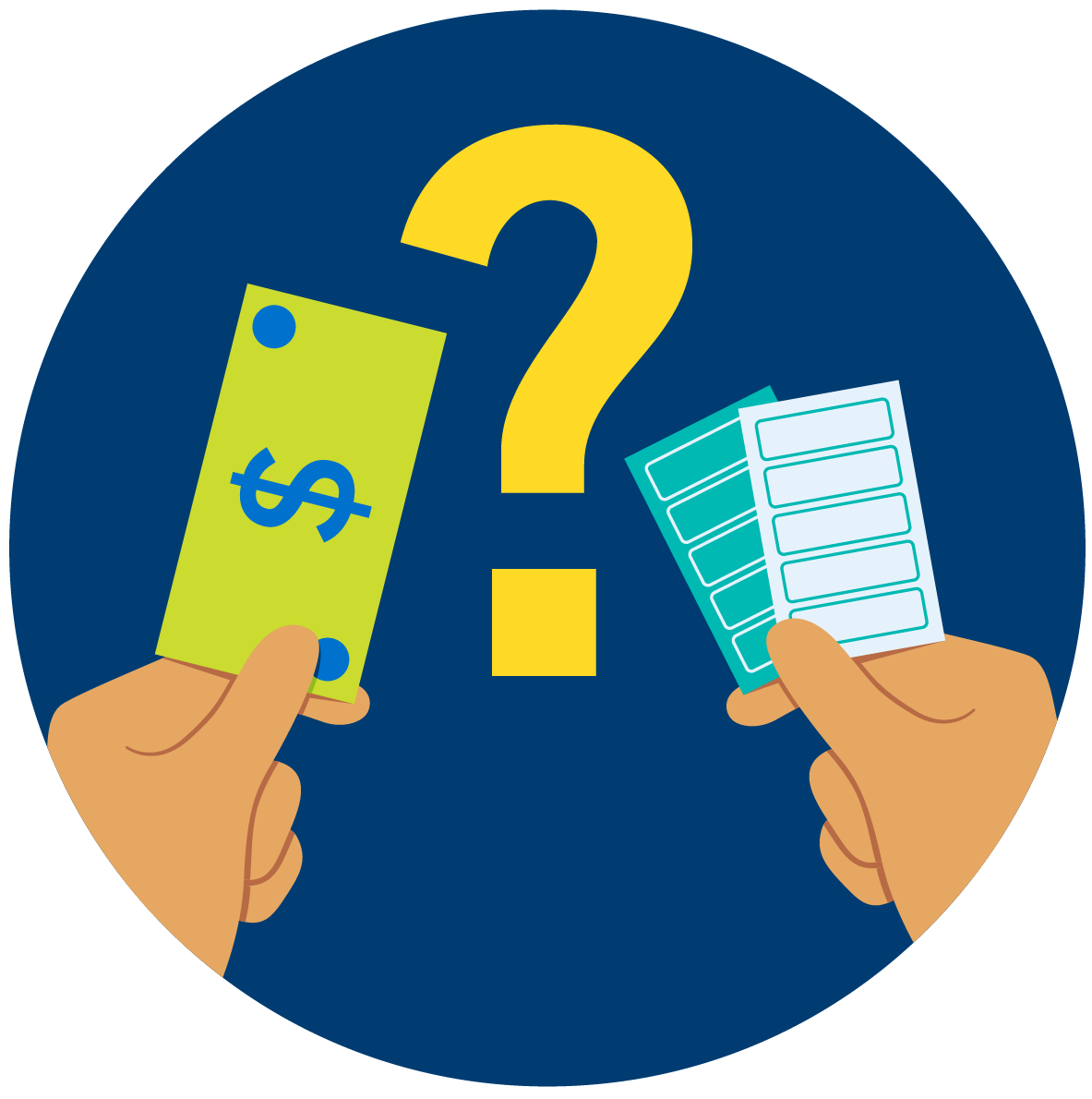 Two hands, one holds a dollar bill, the other two break open tickets. A question mark hovers between them.