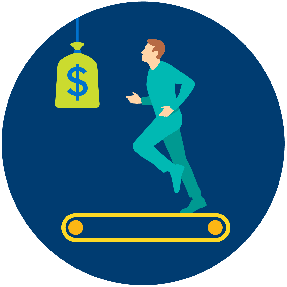 A man runs on a treadmill, chasing a bag of money hanging just out of reach.