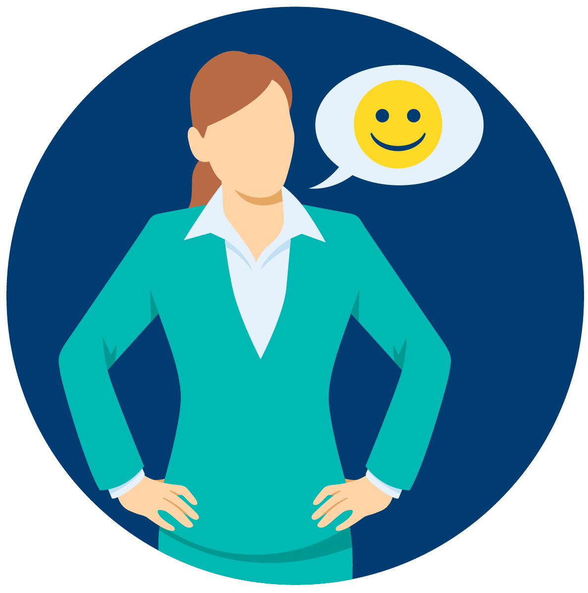 Une bulle de dialogue plane au-dessus d’une femme. À l’intérieur, il y a un visage souriant.