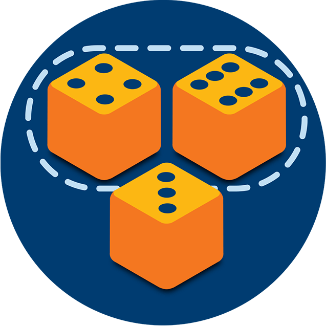 Three dice showing 3, 4 and 6. A dotted line circles the dice showing 4 and 6.