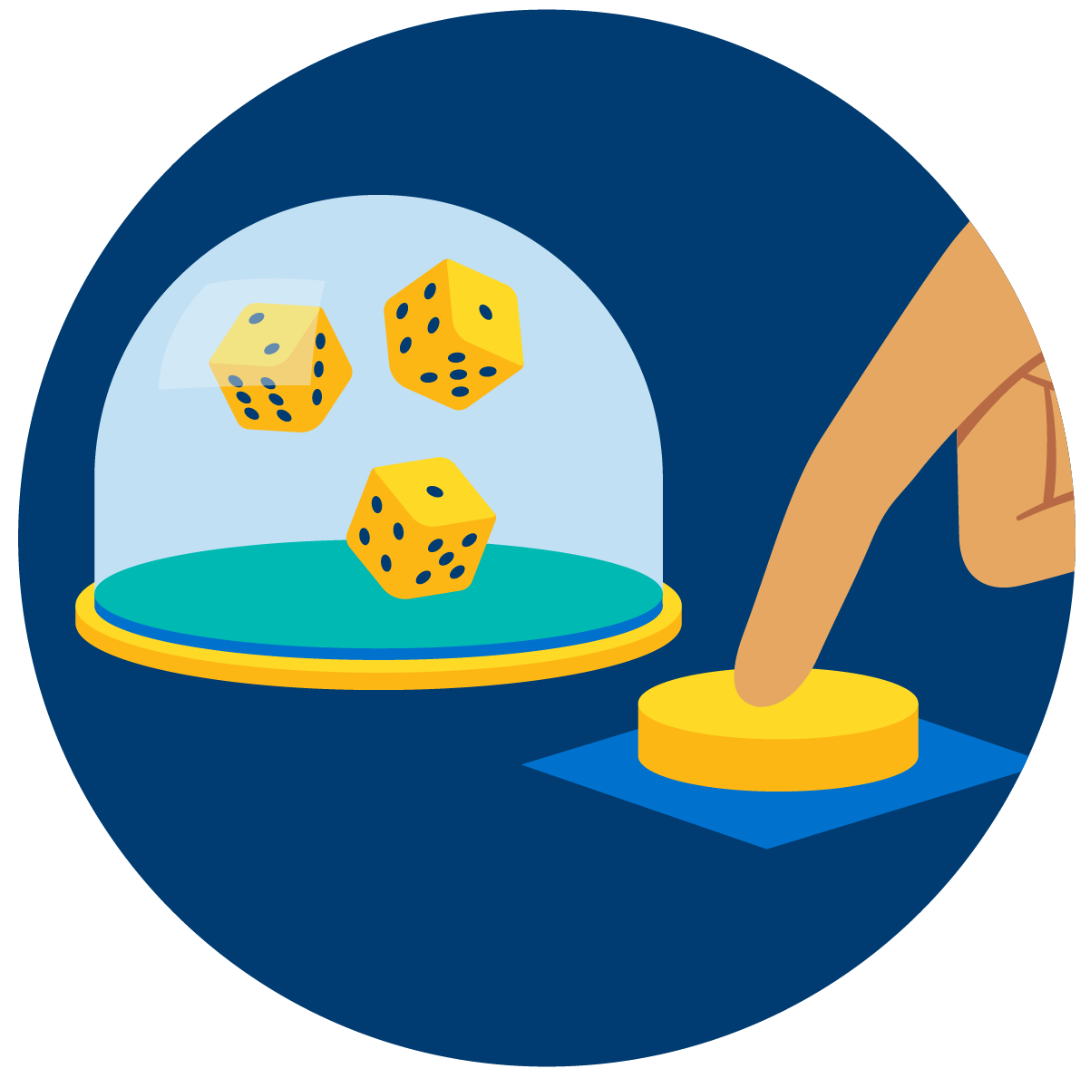 Sic Bo is played with 3 dice encased in a shaker. This is activated by a dealer, who presses the shaker button on the table.