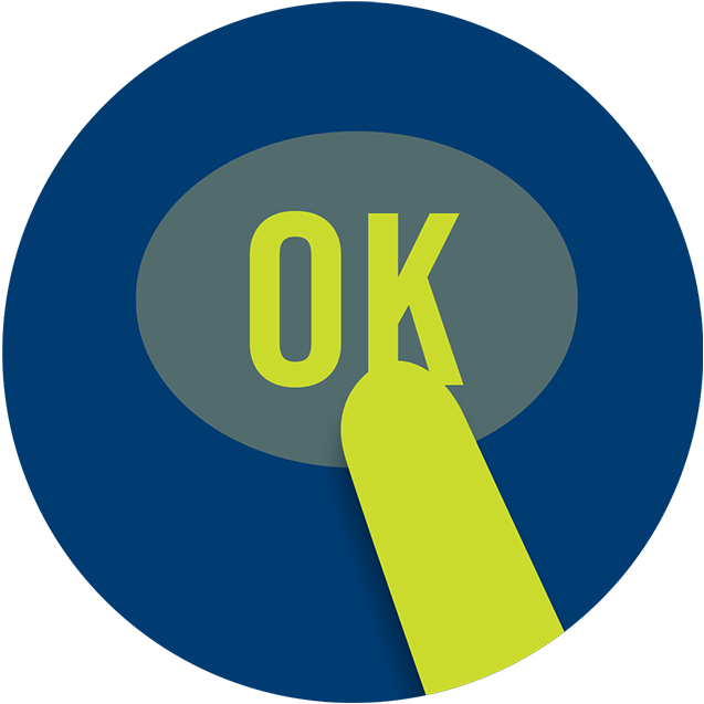 A finger touches a button labelled “OK”.