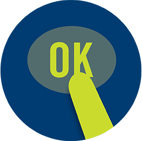 A finger touches a button labelled “OK”.