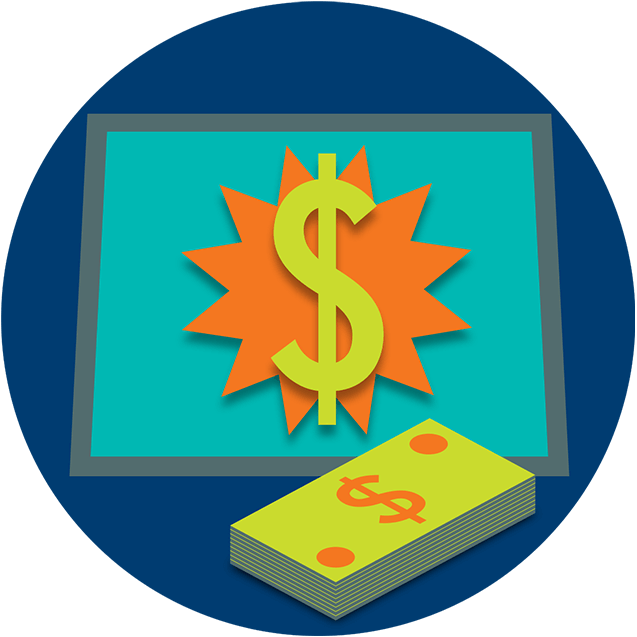 A terminal screen shows a dollar symbol superimposed on a starburst. A stack of dollar bills sits on the table in front of it.