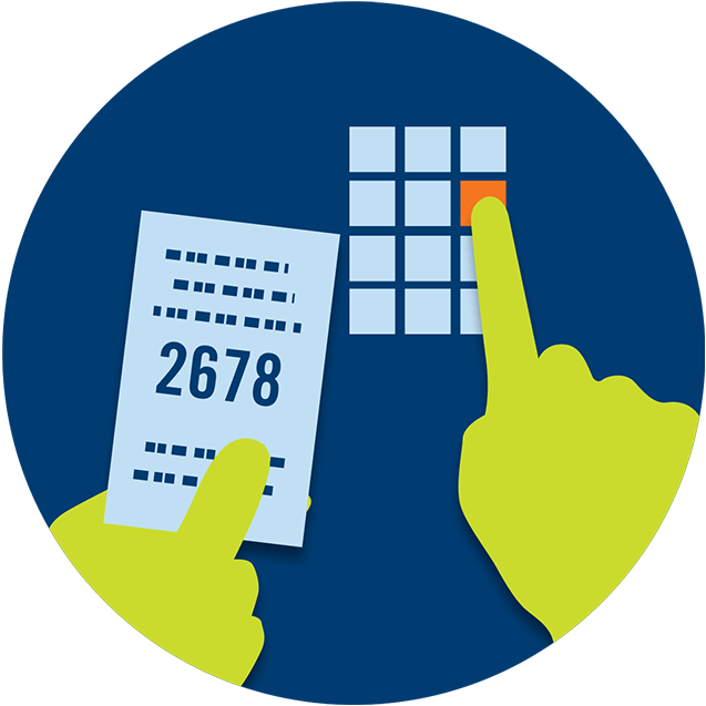 One hand holds a receipt with a series of numbers, 2678, while the other hand enters them on the terminal screen.