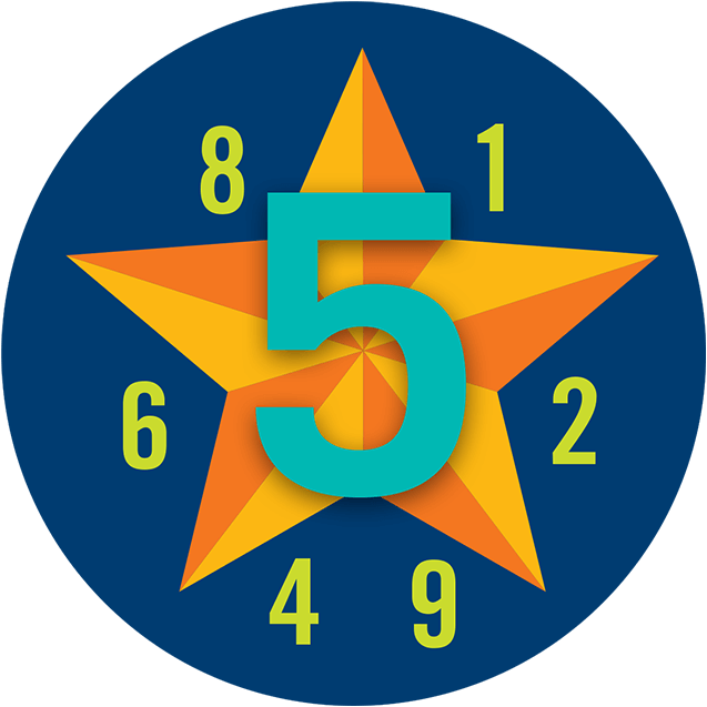 A large number 5 is superimposed over a star while a series of random numbers appear smaller in the foreground.