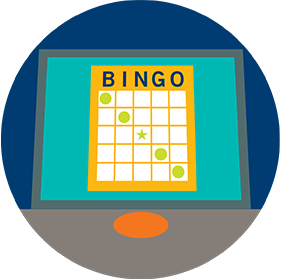 A bingo card on a terminal screen shows a diagonal descending line from left to right.