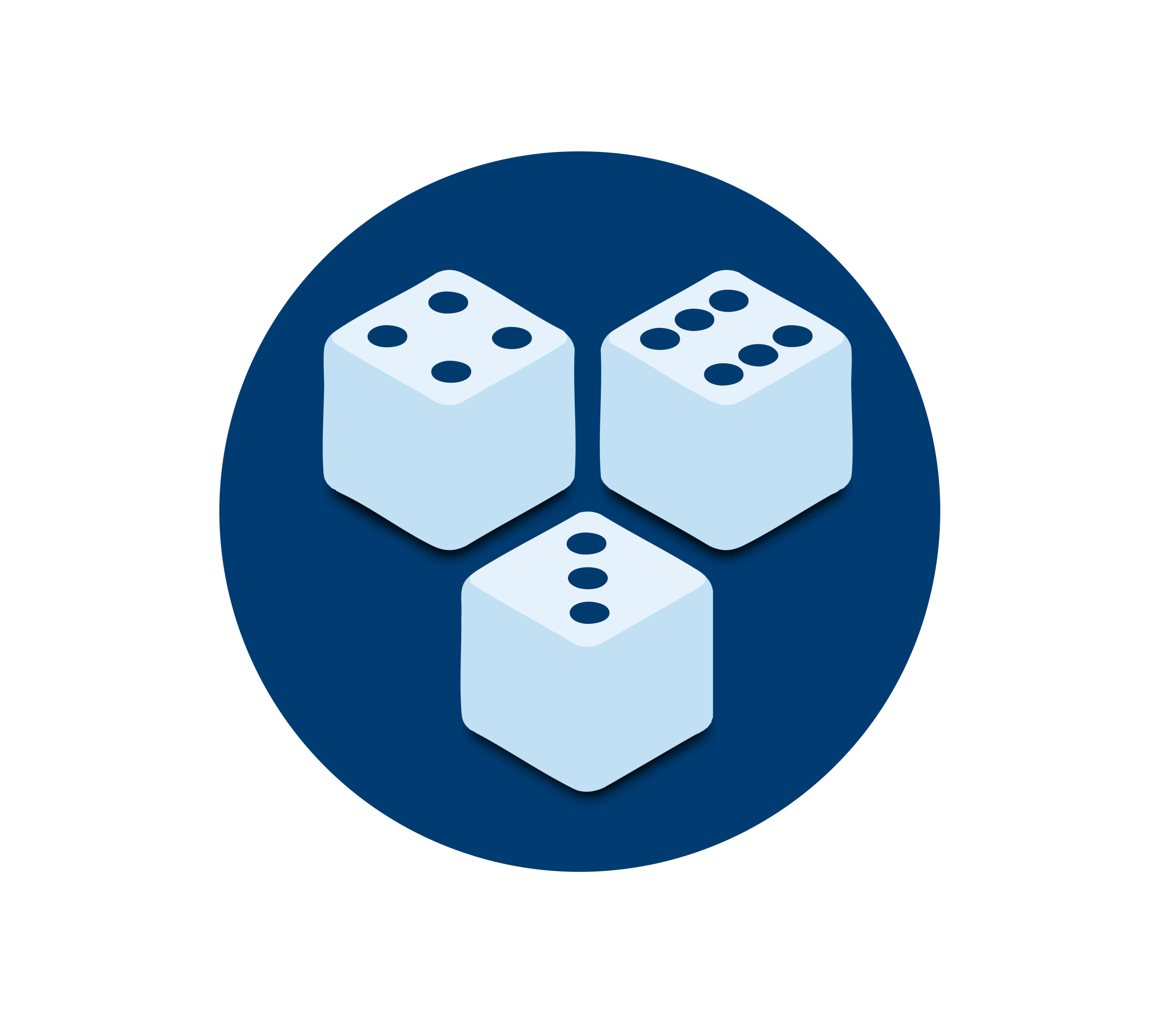 Three dice showing a three, a four and a six.