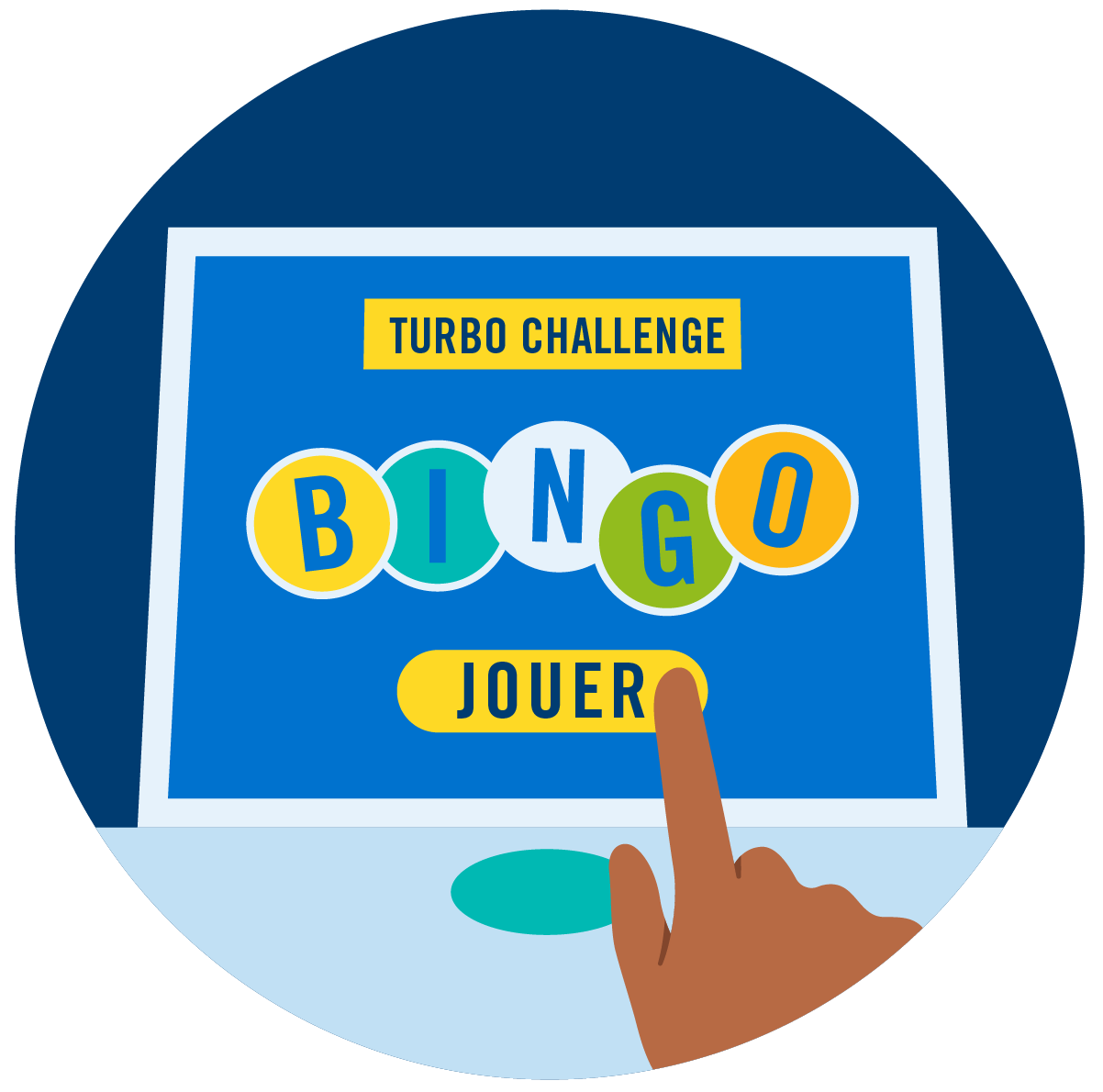 Un doigt touche le bouton « Play » (jouer)sur l’écran du jeu TurboChallenge.