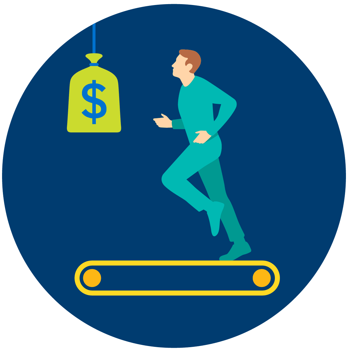 A man running on a treadmill chasing a bag of money.