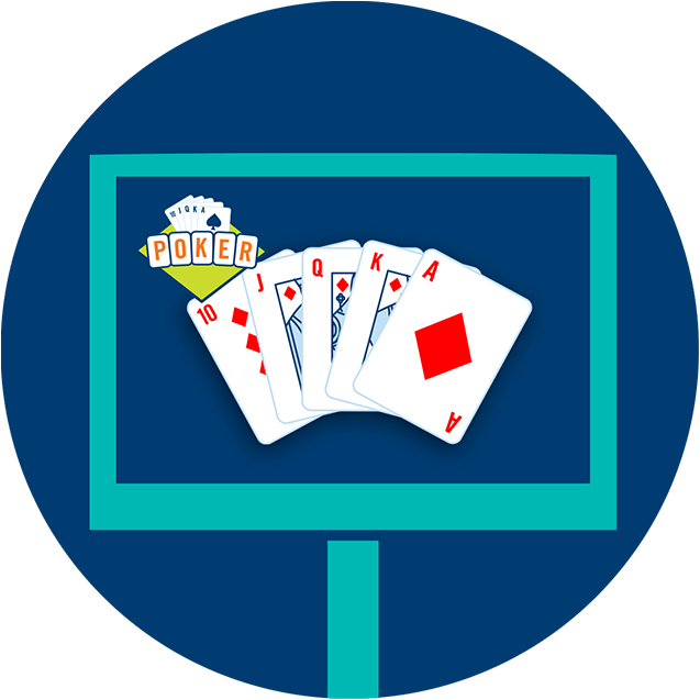 Un écran avec des cartes affichant une quinte royale et le logo de poker lotto dans le coin supérieur gauche.