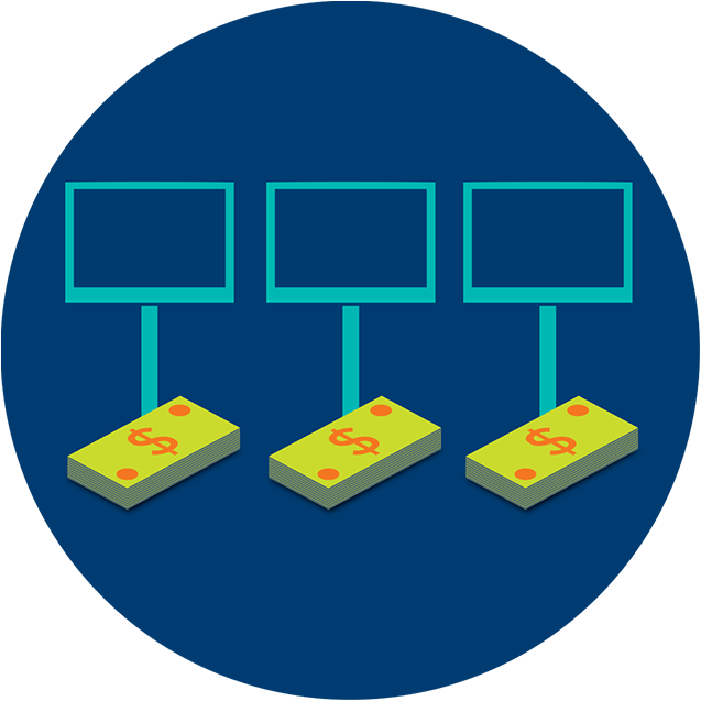 Three monitors are lined up with a pile of money in front of each