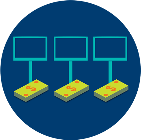 Three monitors, each associated with a stack of dollar bills