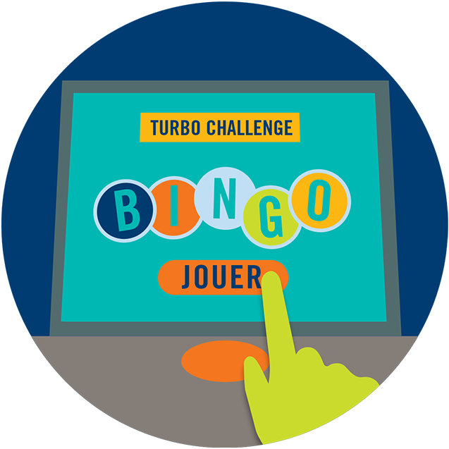 Un doigt touche le bouton « Play » (jouer)sur l’écran du jeu TurboChallenge.