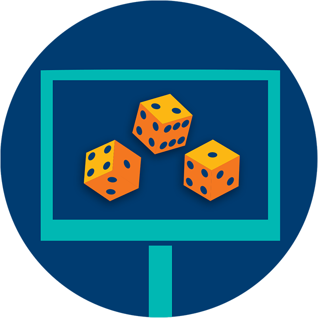 A monitor displays three dice in a random pattern showing 4, 2 and 1.