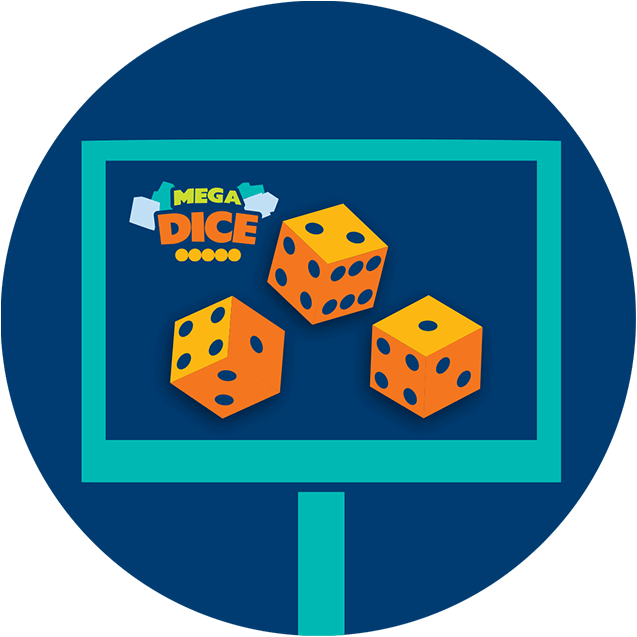 A monitor displays three dice in a random pattern showing 4, 2 and 1.