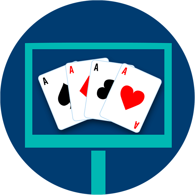 A monitor displays four playing cards, all aces.