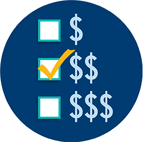 Un symbole de dollar, deux symboles de dollar et trois symboles de dollar apparaissent sous forme de liste et une case à cocher est placée à côté de chaque élément.