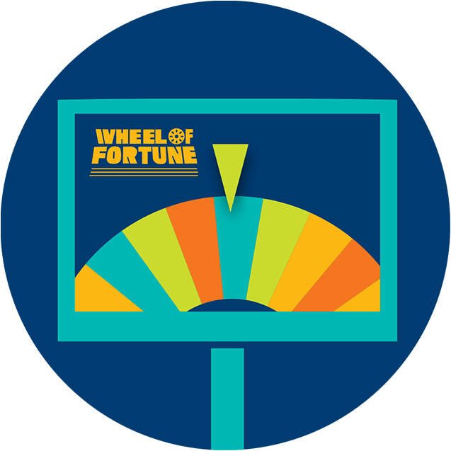 A monitor displays a multicoloured prize wheel with the pointer resting on a blue sliver with wheel of fortune logo on the left top corner