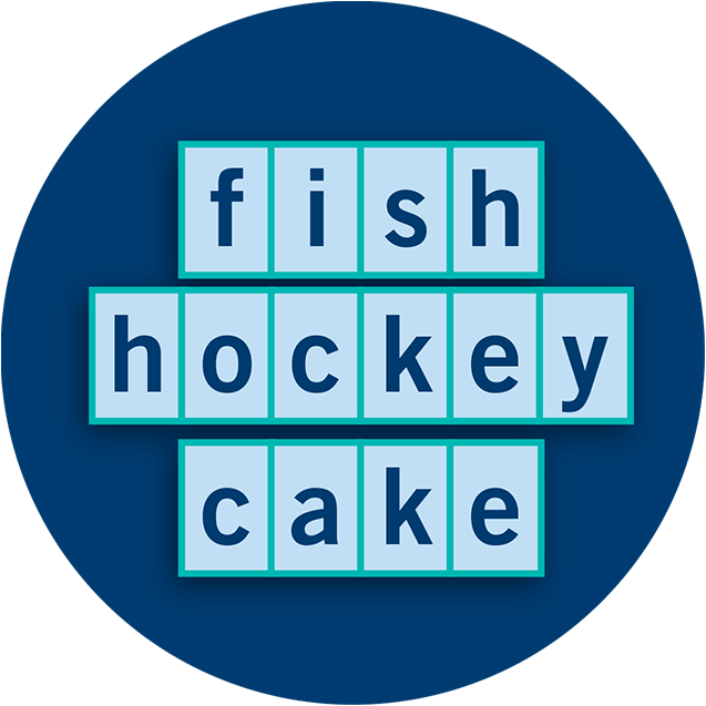 图片显示三个英文字，分别为fish hockey cake