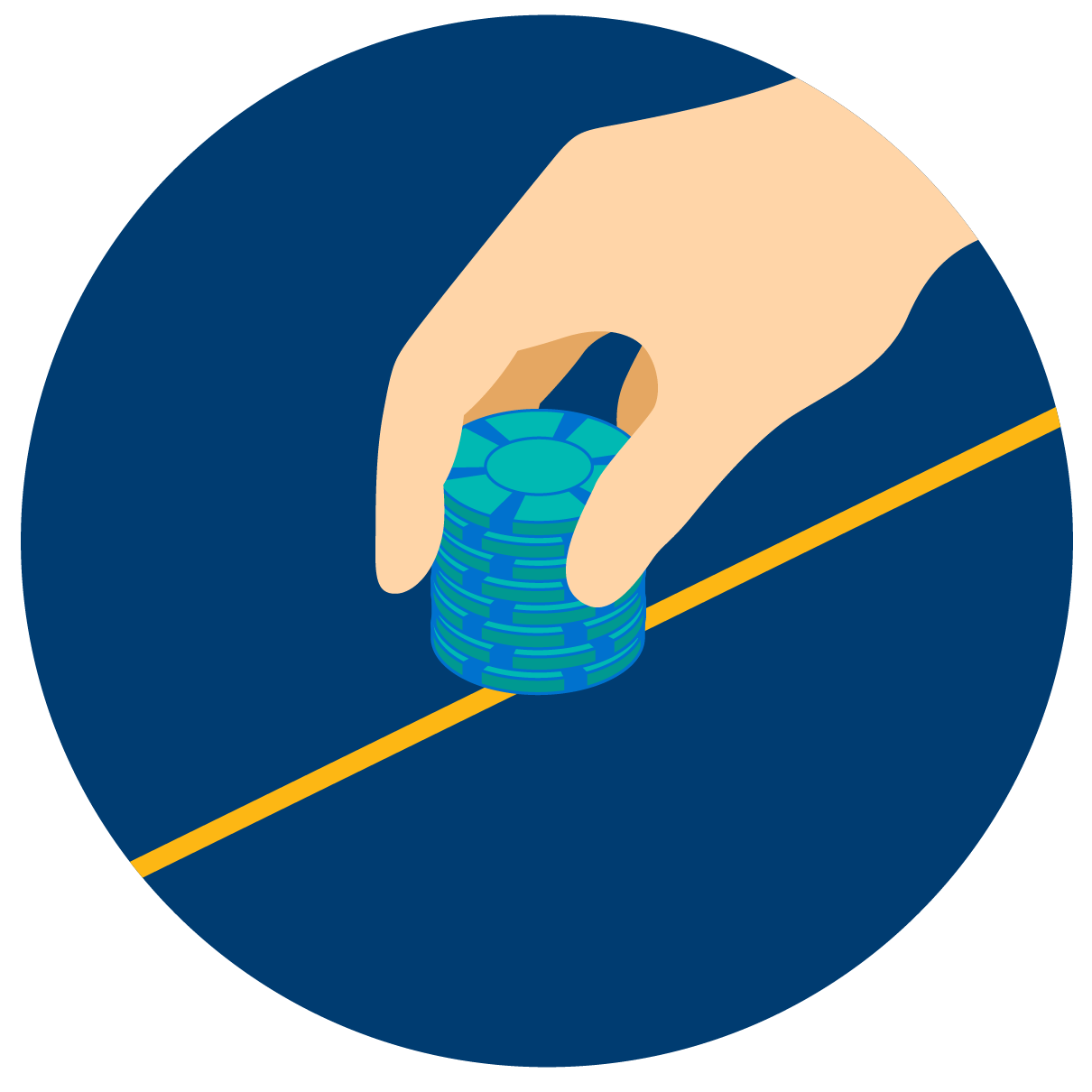 A hand is seen placing a stack of chips across a line.