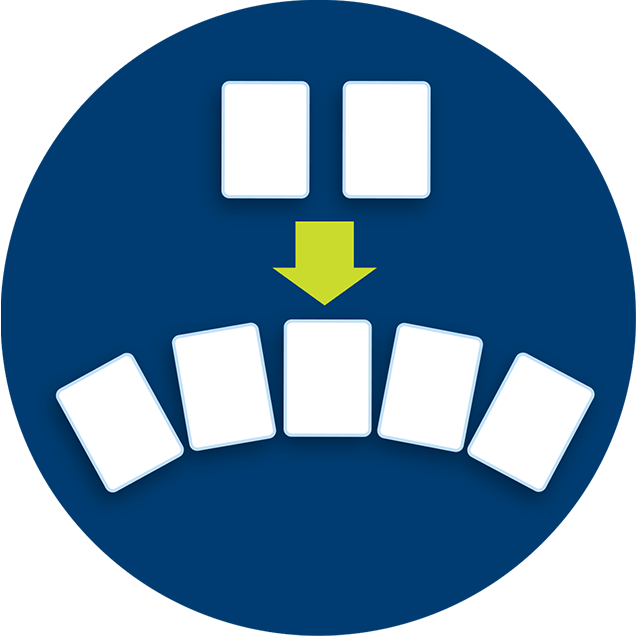 Two blank hole cards are placed at the top of the image with an arrow pointing at 5 blank community cards placed below.