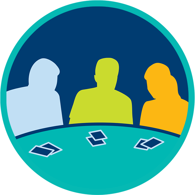Three players are seated at the poker table, each with 2 hole cards face down in front of them.